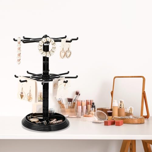 2 Pack Keychain Display Stand Rotating Jewelry 2 Tier Necklace Holder Plastic Spinning Bracelet Hanging Organizer Rotating Rack Earring Bracelet Stands for Vendors Malls Counter Dressing Table - color: Black