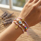 Evil Eye Heart Charm Stackable String Rope Colorful Beaded Bracelets Set For Women, Boho Handmade Adjustable Protection Lucky Gold Jewelry, Daily Party Friendship Gift - color: Purple Pink