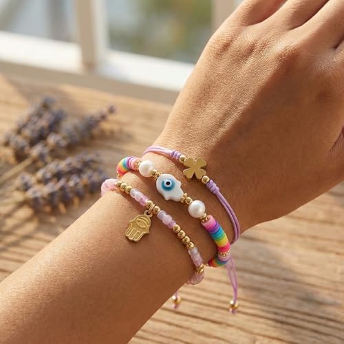 Evil Eye Heart Charm Stackable String Rope Colorful Beaded Bracelets Set For Women, Boho Handmade Adjustable Protection Lucky Gold Jewelry, Daily Party Friendship Gift - color: Purple Pink