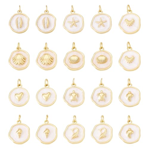 Craftdady Golden Plated Enamel Pendants White Oval Flat Round Dangle Charms for DIY Earrings Necklace Bracelet Making - color: 18K Gold Plated Ocean Aniamls-10 Style