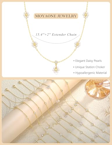 Dainty Gold Necklace for Women Trendy 14K Gold Plated Pearl Cross Clover Butterfly CZ Charm Pendant Chain Station Necklaces Waterproof Non Tarnish Layered Choker Cute Jewelry Gifts - color: G-pearl