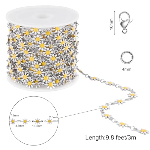 SMYHTGLIF 9.8 Feet White Daisy Chain for Jewelry Making Silver Plated Chain Bulk Roll Stainless Steel Flower Jewelry Making - color: White Silver