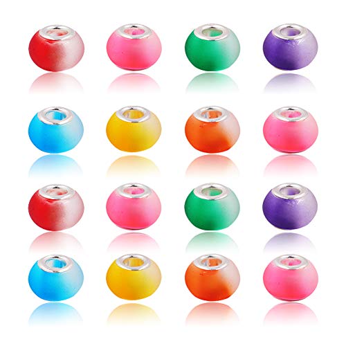 AIPRIDY 100Pcs 15x11mm Painting Murano Large Hole Glass Beads Mix Color with Silver Brass Cores European Charm fit Bracelet Necklace (Rubber Effect Bicolor) - color: Rubber Effect Bicolor