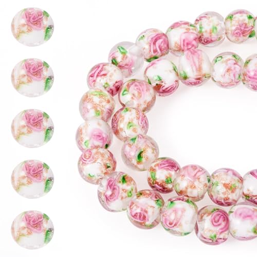Elecrelive 40Pcs 10mm Flower Glass Beads Gold Sand Lampwork Beads White Floral Round Crystal for DIY Bracelet Necklace Earring Jewelry Making - color: Clear