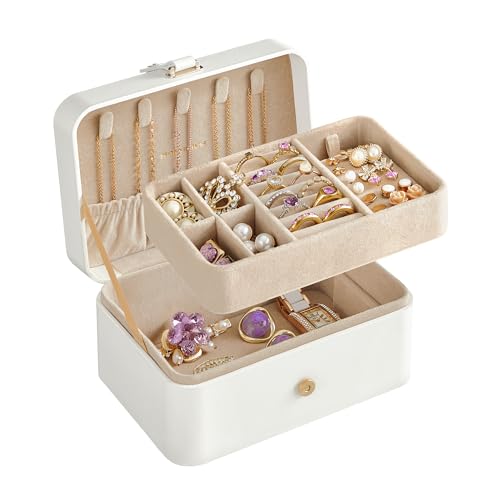 SONGMICS Jewelry Organizer Box, Travel Jewelry Case, 2-Layer Travel Case for Earrings, Necklaces, Bracelets - Portable Jewelry Storage with Large Capacity, Gift Idea, Cloud White UJBC166W01 - color: Cloud White
