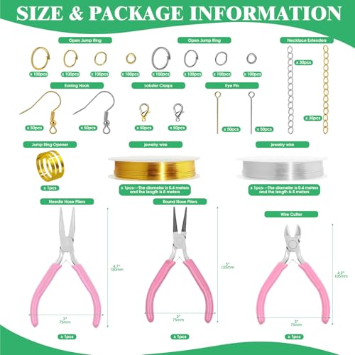 Yauhar 1166Pcs Jewelry Making Supplies Kit Contains Silver & Gold Earring Findings, Lobster Claw Clasps, Necklace Extender Chain, Beading Wire and Jewelry Pliers for DIY and Repair