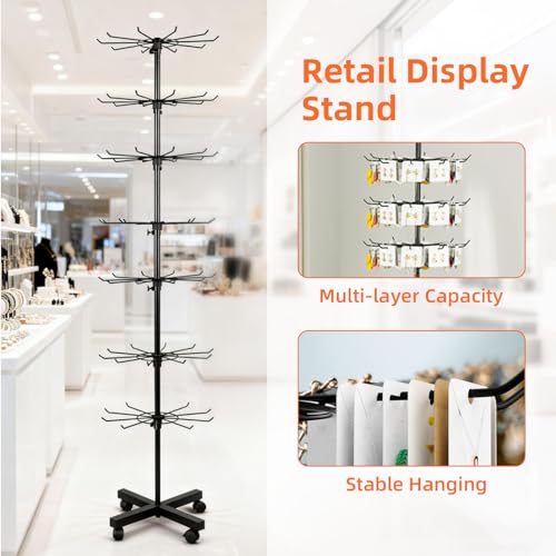 Retail Display Stand 7-Tier 360° Rotating Rack Shelves Retail Show Displays,Adjustable Height & Locking Wheel Store Display for Toys Jewelry Keyring Socking Hats Snacks Nail Accessories (Black,Metal)