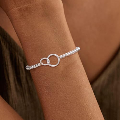 Mothers Day Gifts - Beaded Bracelets for Women 14K Silver Gold Plated Stretch Handmade Ball Bracelets Cute Charm Bracelet Dainty Stackable Cross Heart Bow Wave CZ Circle Trendy Jewelry Easter Gifts - color: double-circle-silver