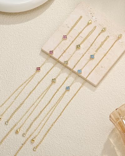 Gold Hand Chain Bracelets for Women Trendy Dainty Birthstone Clover Charm Ring Bracelet Hand Chain Set Non Tarnish 14K Gold Plated Stackable Finger Bracelets for Women Birthday Jewelry Gifts - color: 07. July(Ruby)