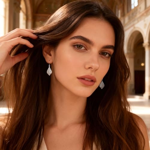 925 Sterling Silver Dangle Earrings for Women, 14K Gold Plated Filigree Dangling Leverback Earrings, Geometric Hypoallergenic Lightweight Dangly Drop Earings for Women Trendy Jewelry Gifts - color: C-Silver