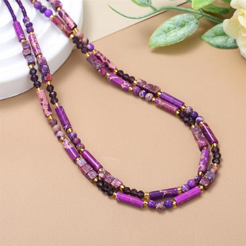 Elisheva Natural Stone Choker Necklace for Women, Boho Natural Emperor Jasper Stone Lace Agate Beaded Crystal Necklace, Gemstone Jewelry Gift for Her - style: 2 layered purple emperor stone