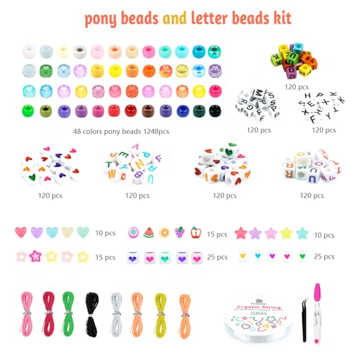 Dowsabel Friendship Bracelet Making Kit, Pony Kandi Beads & 11 Different Beads, 8 Colors Nylon Thread, DIY Jewelry & Craft Gifts - style: 48 Colors