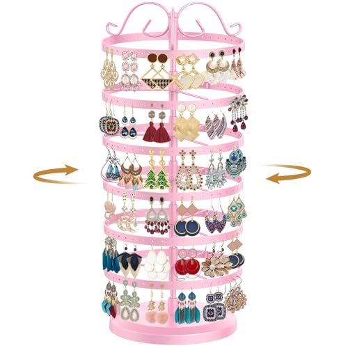 MODOWEY Rotating Earring Holder Organizer Stand, 6 Tier Large Capacity Jewelry Display Tree for Women Vendors, 264 Holes Adjustable Metal Rack for Stud Hoop Dangle Storage, Spin for Easy Access, Pink - color: Light Pink, size: 6-Tier