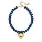 Gold Heart Pendant Necklaces for Women Colorful Acrylic Resin Beaded Choker Necklace Fashion Chunky Statement Beaded Heart Necklace - color: Blue