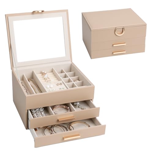 Elegant Gift Jewelry Box with Mirror - 3-Layer Organizer for Earrings, Rings, Necklaces, Ready to Give for Birthday Anniversary Christmas Apricot - color: Apricot15, size: 3-Layer