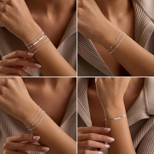 adoyi Gold Bracelets for Women, 14K Gold Plated Stackable Bracelet Stack Set Adjustable Charm Paperclip Chain Cuban Link Layered Waterproof Jewelry Sets Gifts for Womens - color: Silver 6.5 IN General Wrist