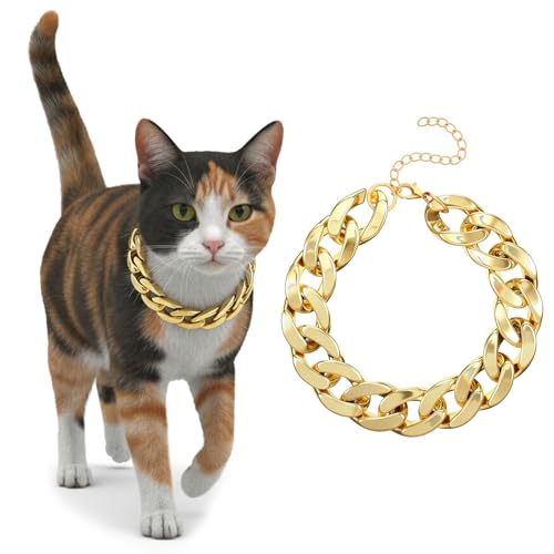 JIEYAO Cat Chain Collar, Adjustable Cuban Link Necklace Gold Chain for Cats Stylish Pet Decorative Accessory (Gold, S) - color: Gold, S