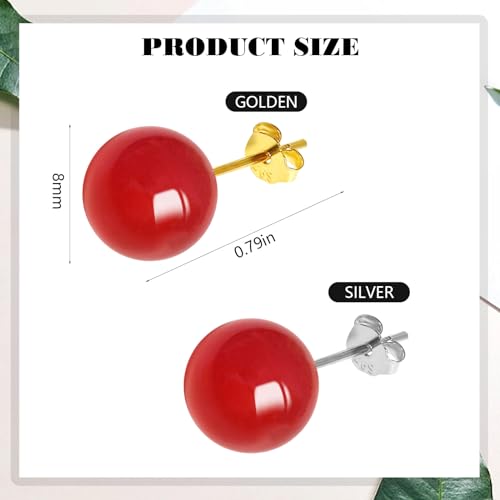 Jade Green Stud Earrings, Natural Round Beaded Agate Emerald Garnet Obsidian Gemstone Ear Studs Ball Jade Jewelry Gift, Green 8mm - color: red-8mm