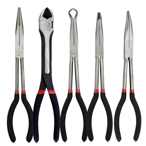 5-Piece 11" Extra Long Needle Nose Pliers Set with Insulated Comfort Grip, Straight Long Reach Plier, 45/90°Bent Nose Pliers,O-shaped nose plier,Diagonal Plier for Bending Shaping Trimming - size: 5Pcs-Straight/45/90