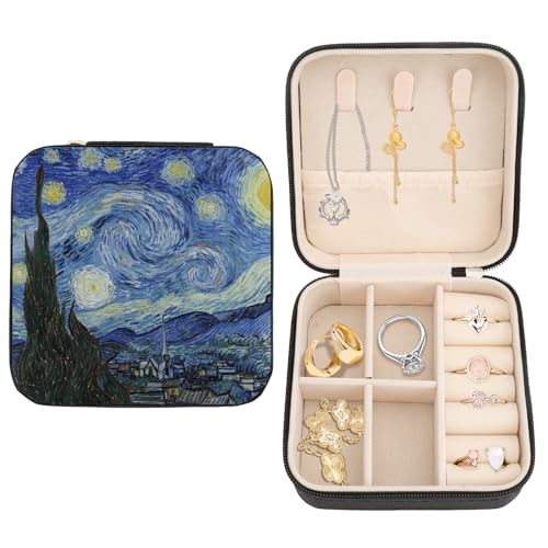 Travel Size Jewelry Case Personalized Jewelry Storage Box Portable Jewellery Box Organiser Jewellery Holders for Ring Necklace Bracelet Earring Women Gifts Van Gogh Starry Night Blue Black - color: Van Gogh Starry Night Black