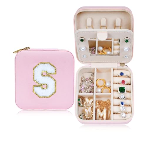 ETHOON Jewelry Travel Case Small Organizer Stocking Box Personalized Gifts Teenage Jewelry Accessories Holiday Christmas Gift for Women Pink Mirror, Letter S - color: Pink S
