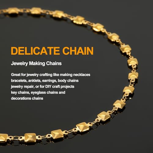 KYUNHOO 13 Feet Solid Square Links Craft Jewelry Bulk Gold Plated Necklace Chain Spool Stainless Steel Jewelry Making Chains with Lobster Clasps and Jump Rings - color: Square Gold