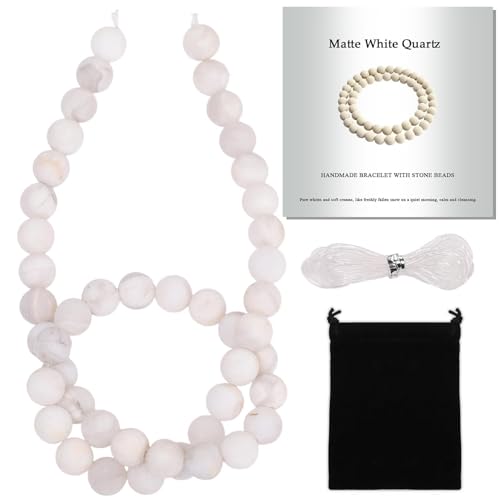 Stone Beads, 45pcs Matte White Quartz, 8mm Round Loose Beads for Jewelry Making, Bracelets, with Bag, String & Card - color: Matte White Quartz, size: 8mm