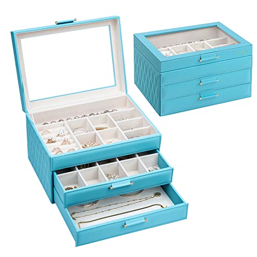 Jewelry Organizer for Women, Jewelry Box with Clear Glass Lid 3-Tier with 2 Drawers, Gift for Women Girl Man on Thanksgiving Day, Christmas, New Year, Valentine's Day - Blue - color: Blue 3-Layer