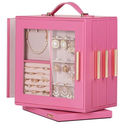 Homde Jewelry Box 360° Rotating, Necklace Earring Organizer with Transparent Window, Mirror, 7 Drawers, Large Ring Display Storage Case for Girls Women (Pink) - color: Pink
