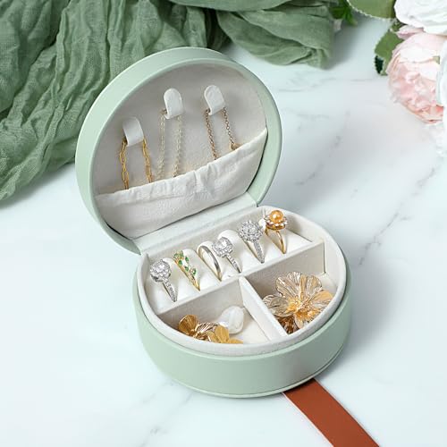 10 Pack Travel Jewelry Case Mini Leather Bridesmaid Jewelry Gift Box Bulk, Half Moon Design, Detachable Handle, Small Earring Storage Organizer for Women Girls Bridesmaid Proposal Gifts (Green)