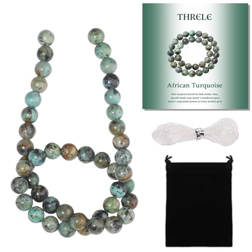 Stone Beads, 45pcs African Turquoise, 8mm Round Loose Beads for Jewelry Making, Bracelets, with Gift Bag, Elastic String & Size Card - color: African Turquoise, size: 8mm