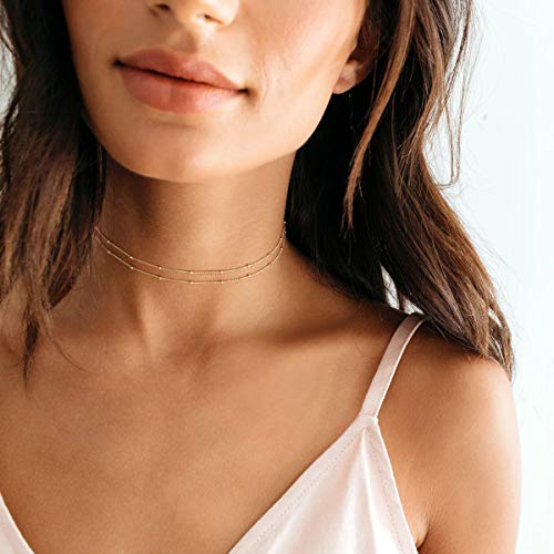 MEVECCO Dainty Gold Chain Choker Necklace 14K Gold Plated Handmade Boho Cute Tiny Beaded Link Choker Necklace Delicate Simple Minimalist Choker Necklace for Women - style: Two Layered Bead Chain GD