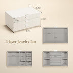 LAMU Jewelry Box Organizer with Mirror, 3-Layer Jewelry organizer with 2 Drawers, Large PU Leather Organizer for Earrings Rings Necklace Bracelet, Ideal Valentines Day Gifts for Girls Women, White