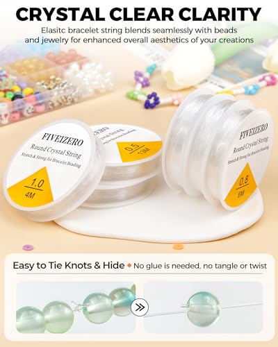 6 Rolls FIVEIZERO Elastic Bracelet String Cord, 0.4mm, 0.5mm, 0.6mm, 0.7mm, 0.8mm, 1mm Crystal Clear Stretchy Elastic Bead String for Bracelets, Jewelry Making and Clay Pony Seed Stone Beads Beading - size: 0.4+0.5+0.6+0.7+0.8+1mm Round (6 Pack)