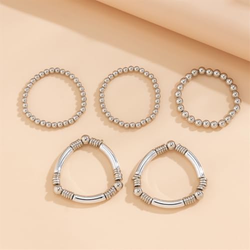 5Pcs Gold Bead Bracelets Set for Women,14K Gold Plated Stackable Bead Ball Bracelets Set,Adjustable Chunky Bangles Bracelets,Boho Stretch Bead Ball Bracelet for Women - color: 5Silver