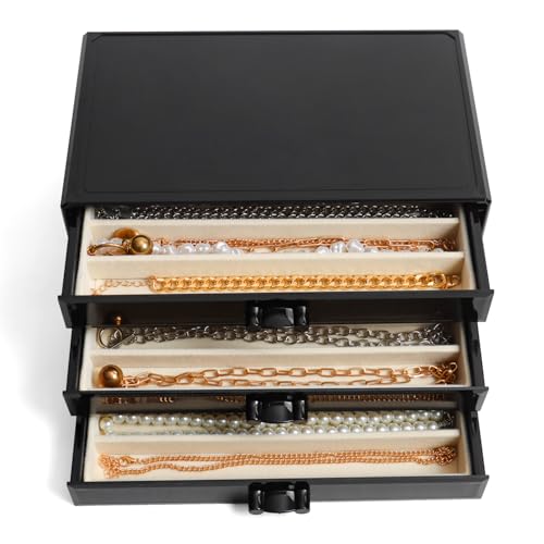 YUFONG Necklace Holder Organizer, Dustproof Necklace Box Velvet Necklace Organizer Box with Lid Clear Acrylic Dustproof Stackable Jewelry Displays for Necklaces Chain Display (Black Beige, 3 Drawer) - color: Black Beige, size: 3 Drawer