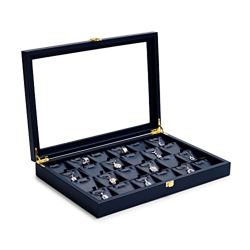 Oirlv Premium Blue Leather Jewelry Tray with 24 Grid Removable Jewelry Cards Jewelry Organizer Box with Transparent Acrylic Lid Necklace Pendant Display Case - color: Blue, size: 24 Gird with Inserts