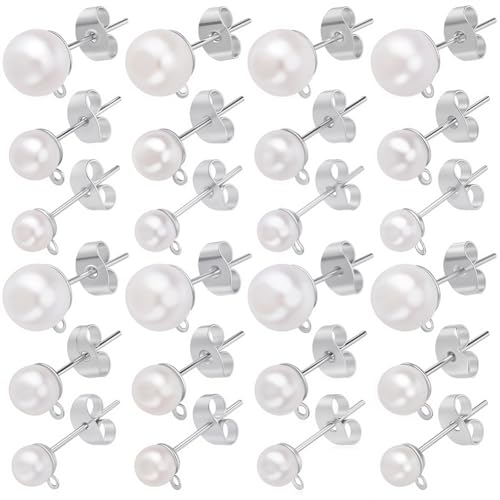 1 Box 120Pcs Pearl Earring Stud Findings Pearl Earring Posts Silver Hypoallergenic Metal with Ear Nuts Back Loop and Imitation Beads Ear Studs for Jewelry Making DIY Crafts Supplies Women - color: Silver