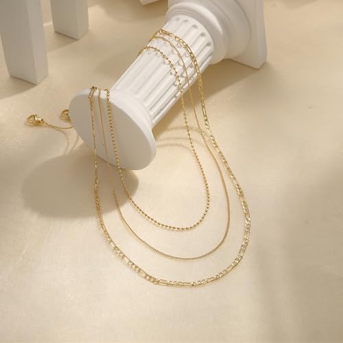 Tewiky Layered Necklaces for Women Non Tarnish- Chunky 14k Gold Plated Herringbone/Snake/Rope/Box/Cuban Link Chain for Women Waterproof Layering Stack Choker Necklace Trendy Dainty Tarnish Free Jewelry Set - color: 3 Bead/cuban/figaro-Gold
