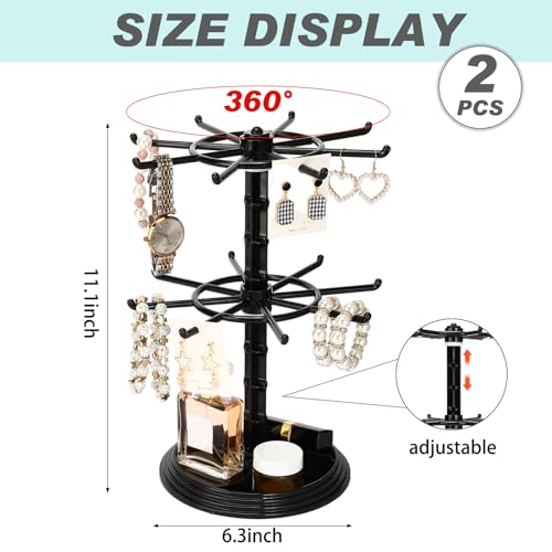 2 Pack Keychain Display Stand Rotating Jewelry 2 Tier Necklace Holder Plastic Spinning Bracelet Hanging Organizer Rotating Rack Earring Bracelet Stands for Vendors Malls Counter Dressing Table - color: Black