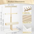 Tirzah 3-Tier Adjustable Jewelry Holder Organizer Stand with 20 Necklace Hooks, 18 Earring Holes and Notches, Bracelet Holder, 6 Ring Rolls, Jewelry Tray for Girls, Women - color: Gold & White, for Necklace Earring Bracelet
