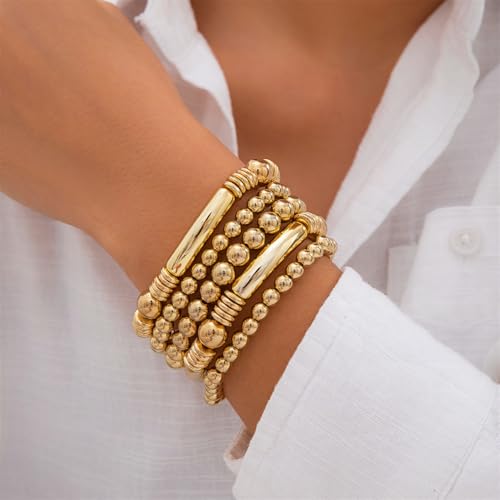 5Pcs Gold Bead Bracelets Set for Women,14K Gold Plated Stackable Bead Ball Bracelets Set,Adjustable Chunky Bangles Bracelets,Boho Stretch Bead Ball Bracelet for Women - color: 5Gold