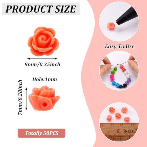 Beadthoven 50pcs Opaque Resin Rose Flower Beads Salmon Floral Flat Base Cabochons Embellishment for DIY Scrapbooking Jewelry Making 9x7mm Hole: 1mm - color: Salmon#9x7mm-50pcs