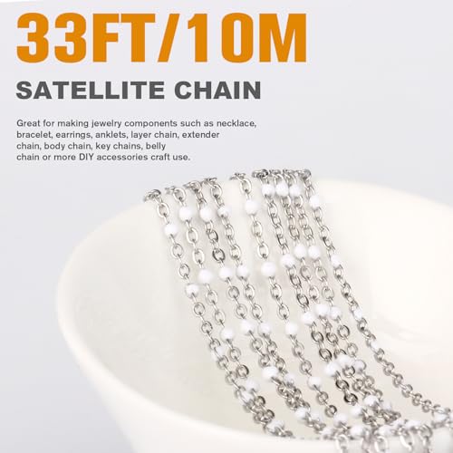 33 Feet Stainless Steel Enamel Chains Bulk, 2mm 304 Stainless Steel White Enamel Beaded Cable Link Chain Roll Spool for Jewelry Making - color: Stainless Steel White Beads