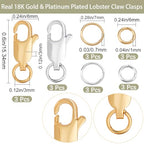 Beebeecraft 1 Box 6Pcs Lobster Claw Clasp with 2 Sizes Jump Rings 18K Gold & Platinum Plated Brass Necklace Clasps for Jewelry Bracelet Extender - color: Gold and Silver