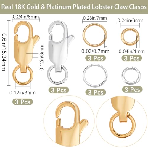 Beebeecraft 1 Box 6Pcs Lobster Claw Clasp with 2 Sizes Jump Rings 18K Gold & Platinum Plated Brass Necklace Clasps for Jewelry Bracelet Extender - color: Gold and Silver