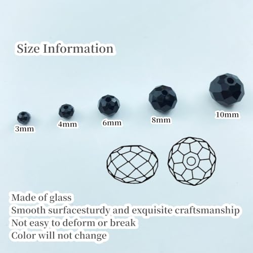 200pcs Crystal Glass Beads 6mm Faceted Rondelle Glass Spacer Beads with Hole for Bracelets Necklace Earring DIY Jewelry Making Craft(Black) - color: Black, size: 6mm