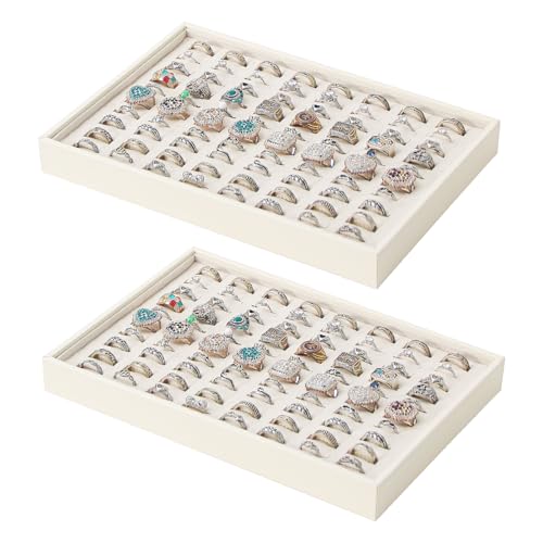Stackable Jewelry Organizer Tray For Drawers,White Leather Small Earring Storage Tray,Bracelet And Necklace Display Box,Jewelry Ring Display Case (Creamy White 80 Grids Ring) - style: Creamy White 80 Grids Ring