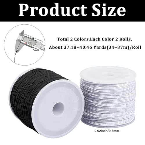 4 Rolls 0.6MM 148 Yards Elastic Stretch String Cords Round Sturdy Black White Soft Fibre Thread Arts Beading Sewing Accessories Cord Bulk for Jewelry Making Bracelets DIY Crafts Supplies - size: 0.6mm