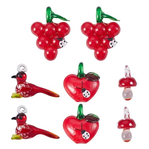 Beadthoven 8Pcs Handmade Lampwork Glass Beads Charm Red Glass Crystal Bird Mushroom Grape Apples Cute Glass Beads for DIY Spring Jewelry Making Bracelets Necklace Earrings Keychain - color: Red